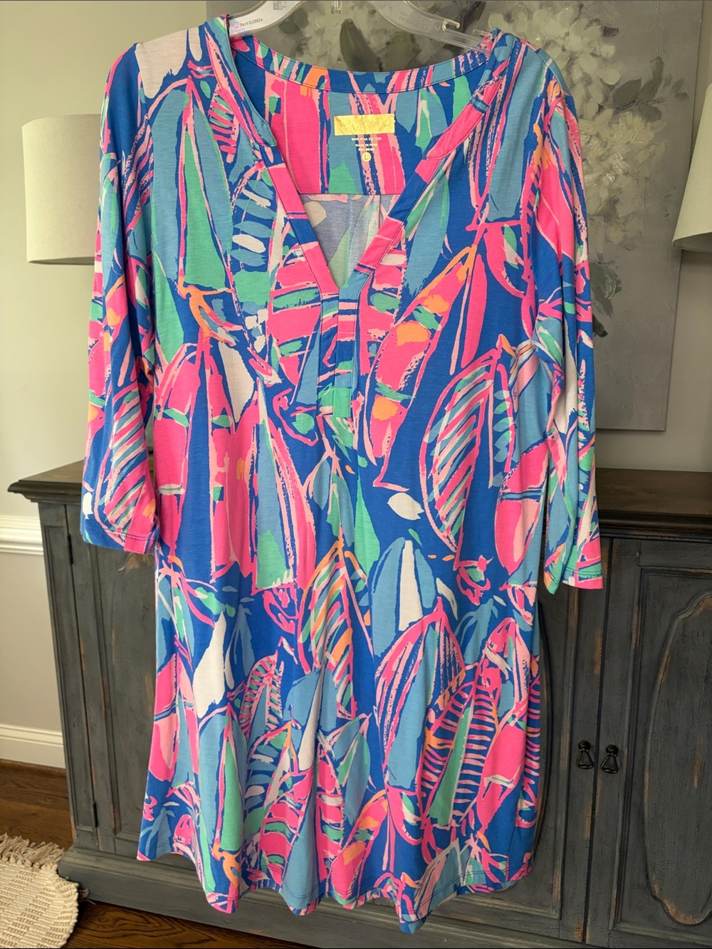 Lilly Pulitzer Blue Pink Green Tropical Print V-Neck Dress